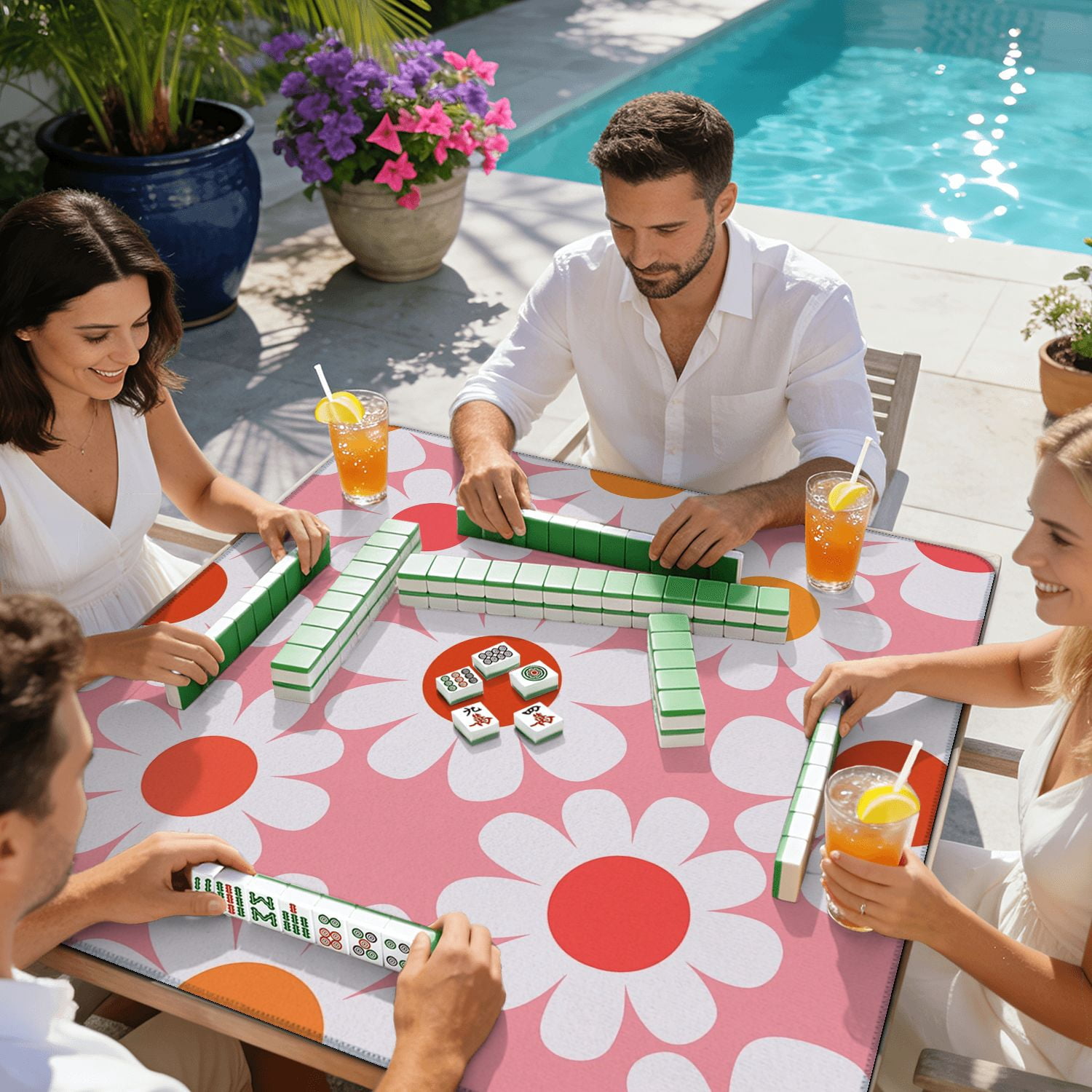 Mahjong Mat 31.5" x 31.5" Colorful Daisy Flower Pink Non-Slip Noise Reduction American Mahjong Tiles Table Cover for Dominoes Poker Card Board Games Gift