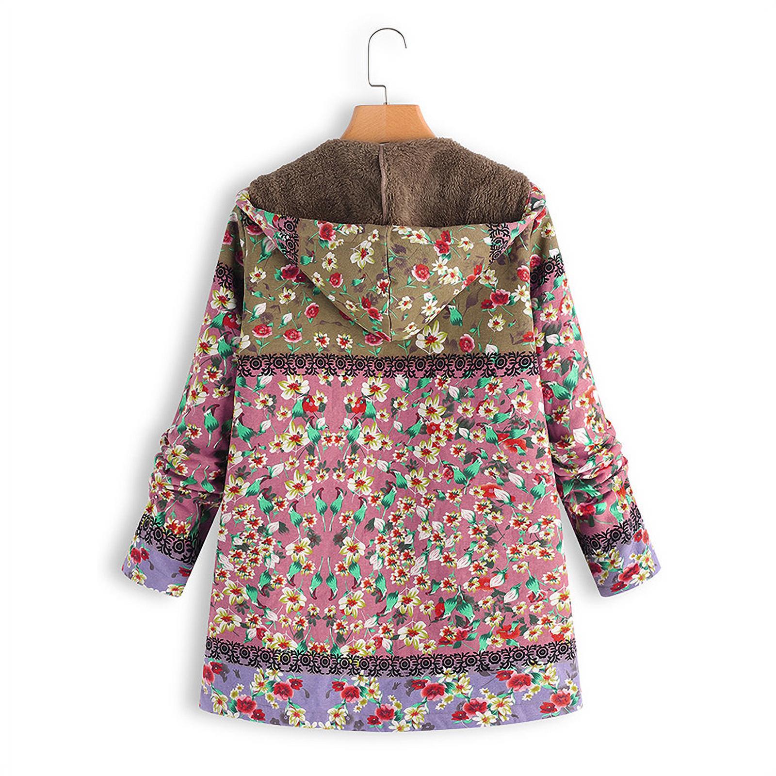 Women Winter Coat Floral Printed Hooded with Pockets Warm Fleece Button Coat Long Sleeve Jacket - image 4 of 8