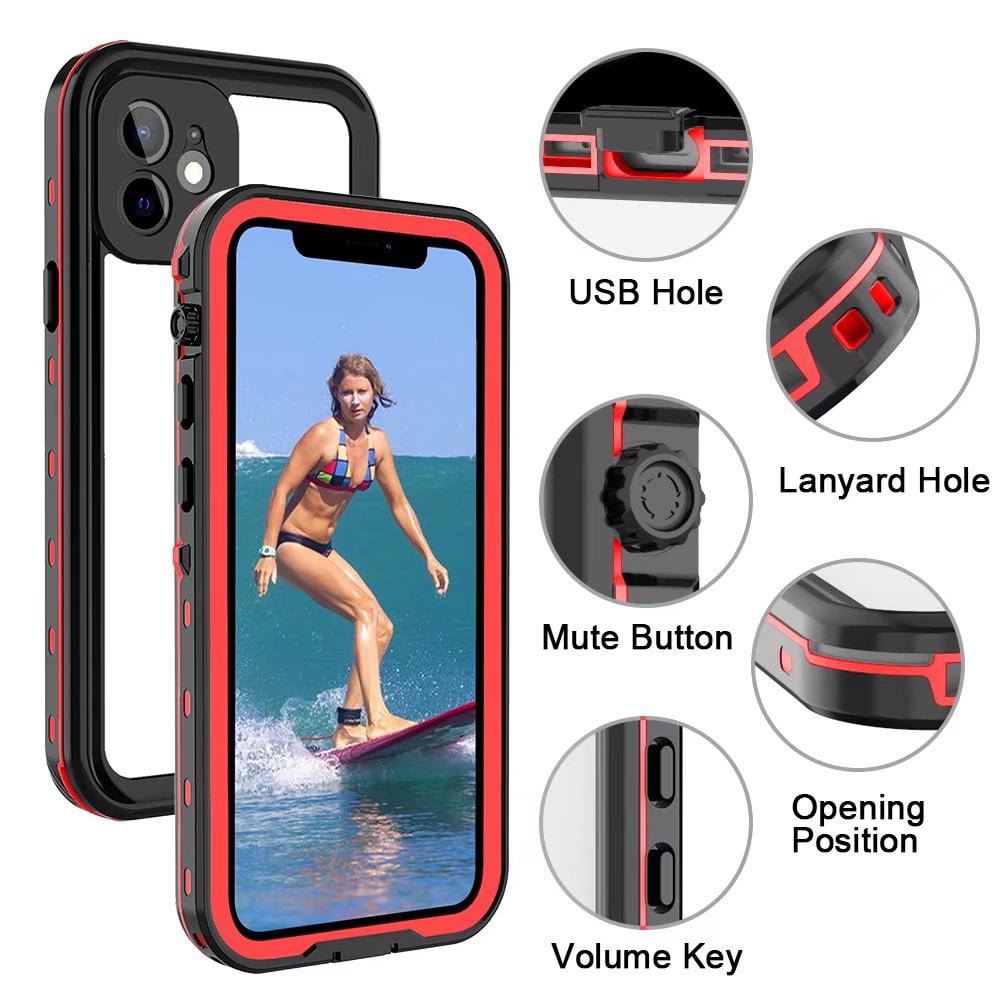 IP68 Waterproof Case for iPhone 12 Shockproof Dust Proof Full Body Hard Case Built-in Screen Protector Underwater Outdoor Clear Phone Cover (6.1" Red)