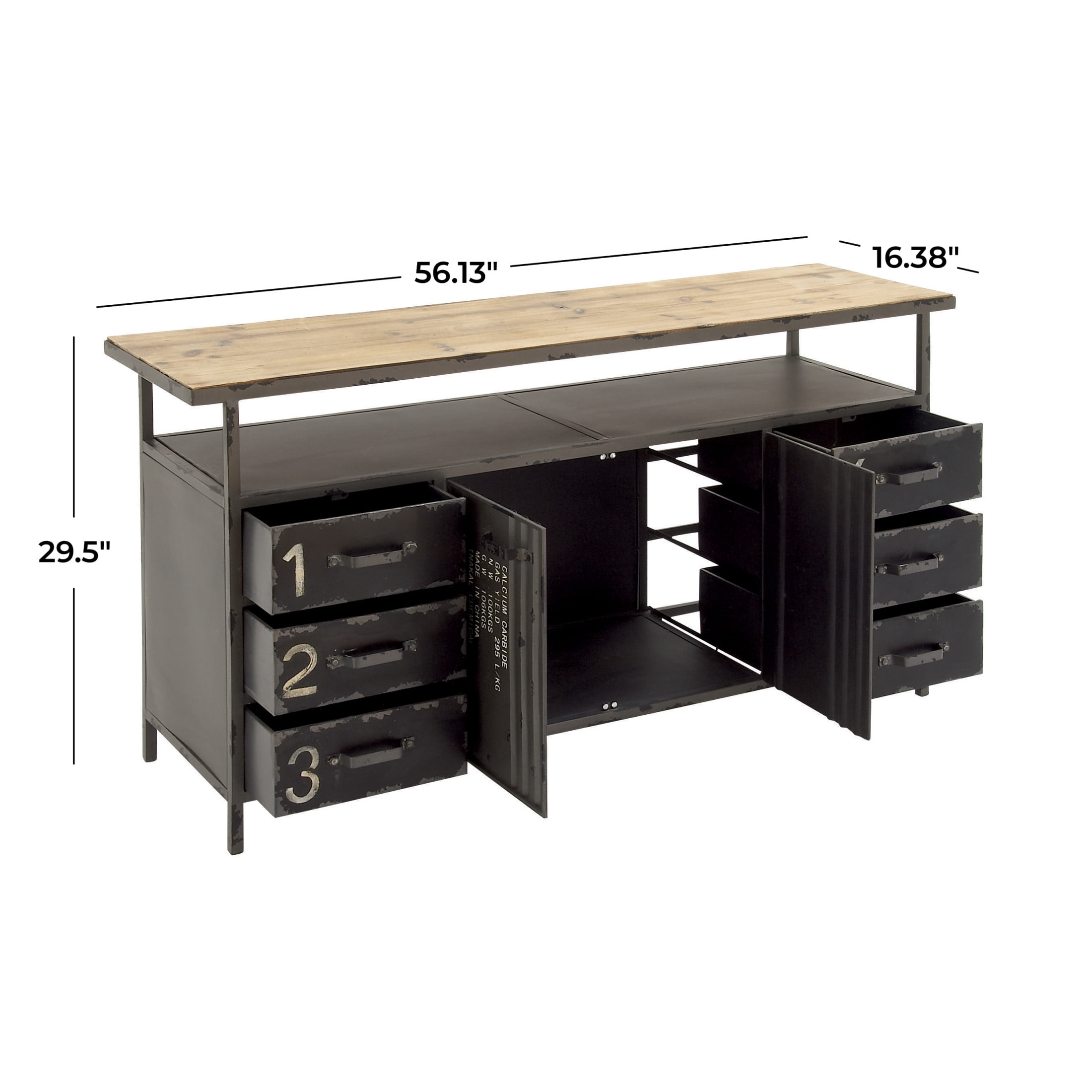 DecMode 56" x 30" Gray Metal Army Surplus Style 2 Door and 6 Drawer Sideboard with Numbers and Text, 1-Piece