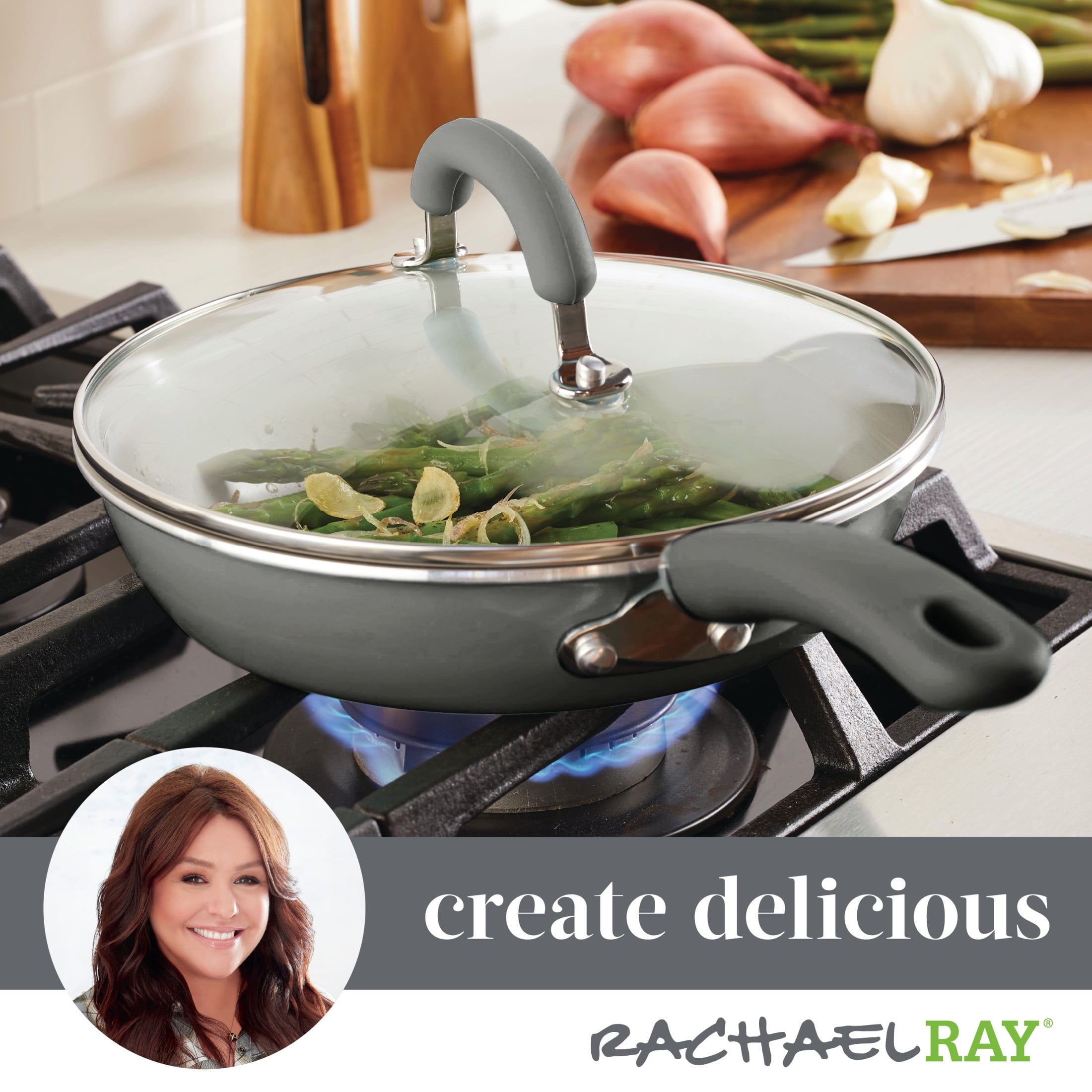 Rachael Ray 9.5" Create Delicious Aluminum Nonstick Covered Deep Frying Pan, Gray Shimmer