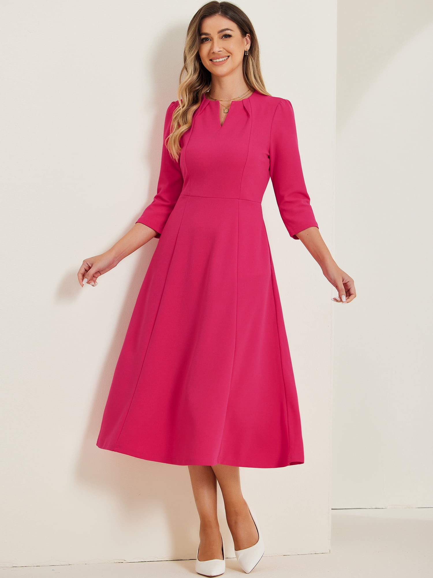 DARING DIVA Work Office Elegant 3/4 Sleeve V Neck A-Line Dress XS Hot Pink