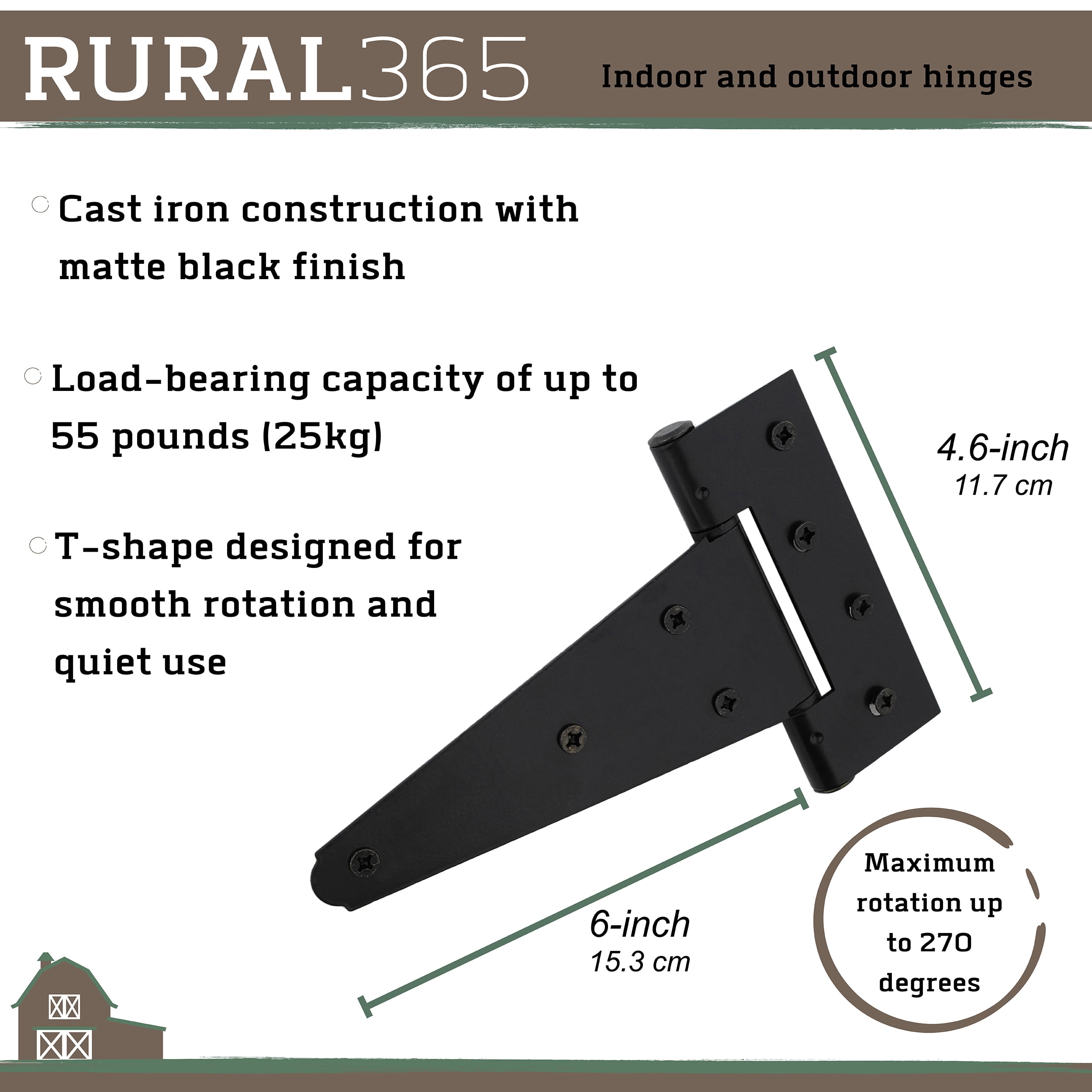 Rural365 Triangle Door Hinge 4 Pk - Heavy Duty 6in Farmhouse