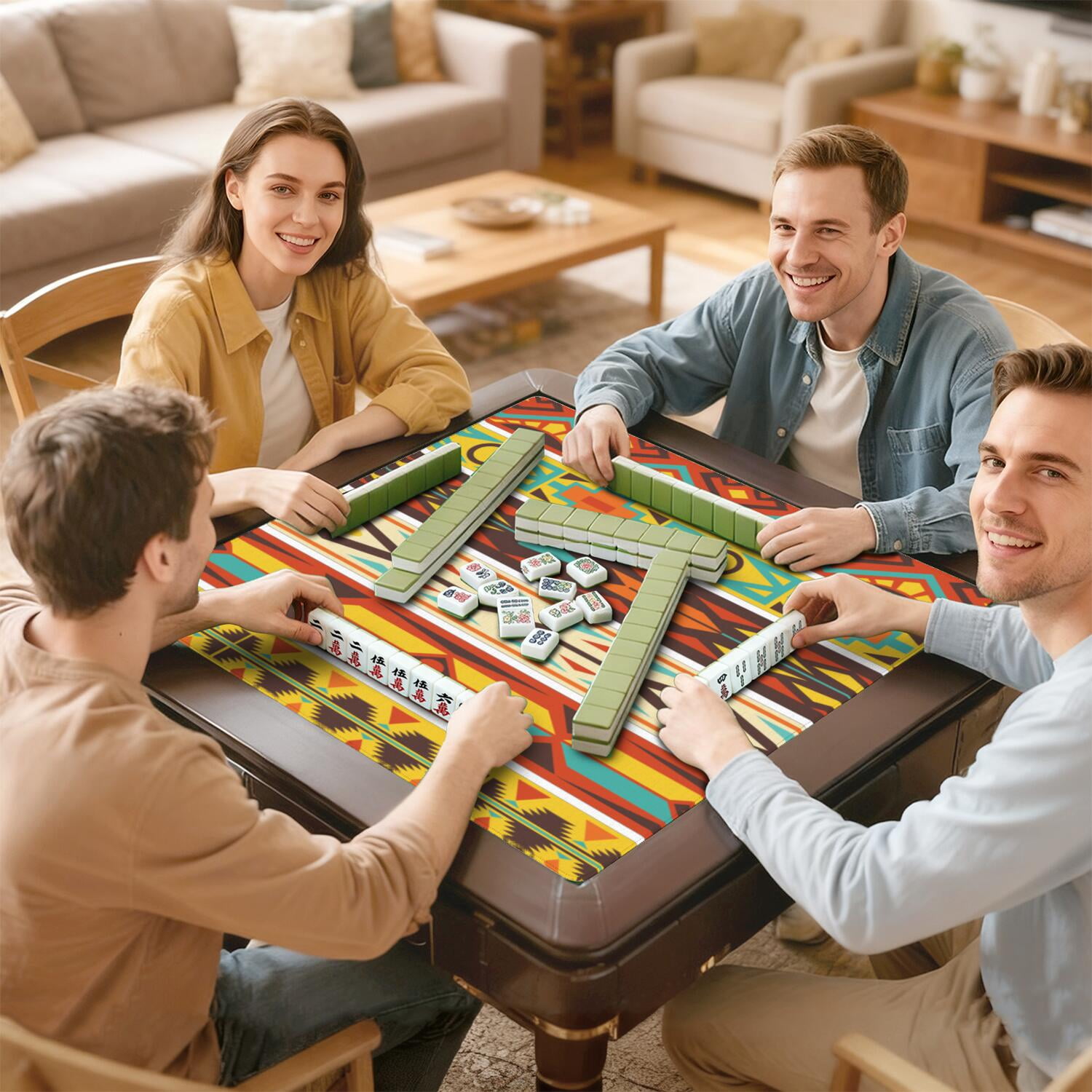 31.5 Inch Boho Mahjong Table Mat, Anti-Slip Noise Dampening Rubber Pad for Tiles, Multi-Functional Mat for Card Games Board Games and Tabletop Protection