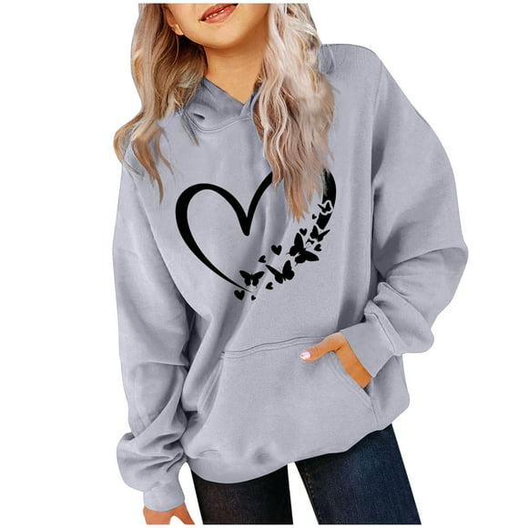 Milgrthf Tween Girls Heart Print Sweatshirts Casual Cute Long Sleeve Crew Neck Sport Pullover Tops Gray 7 Years