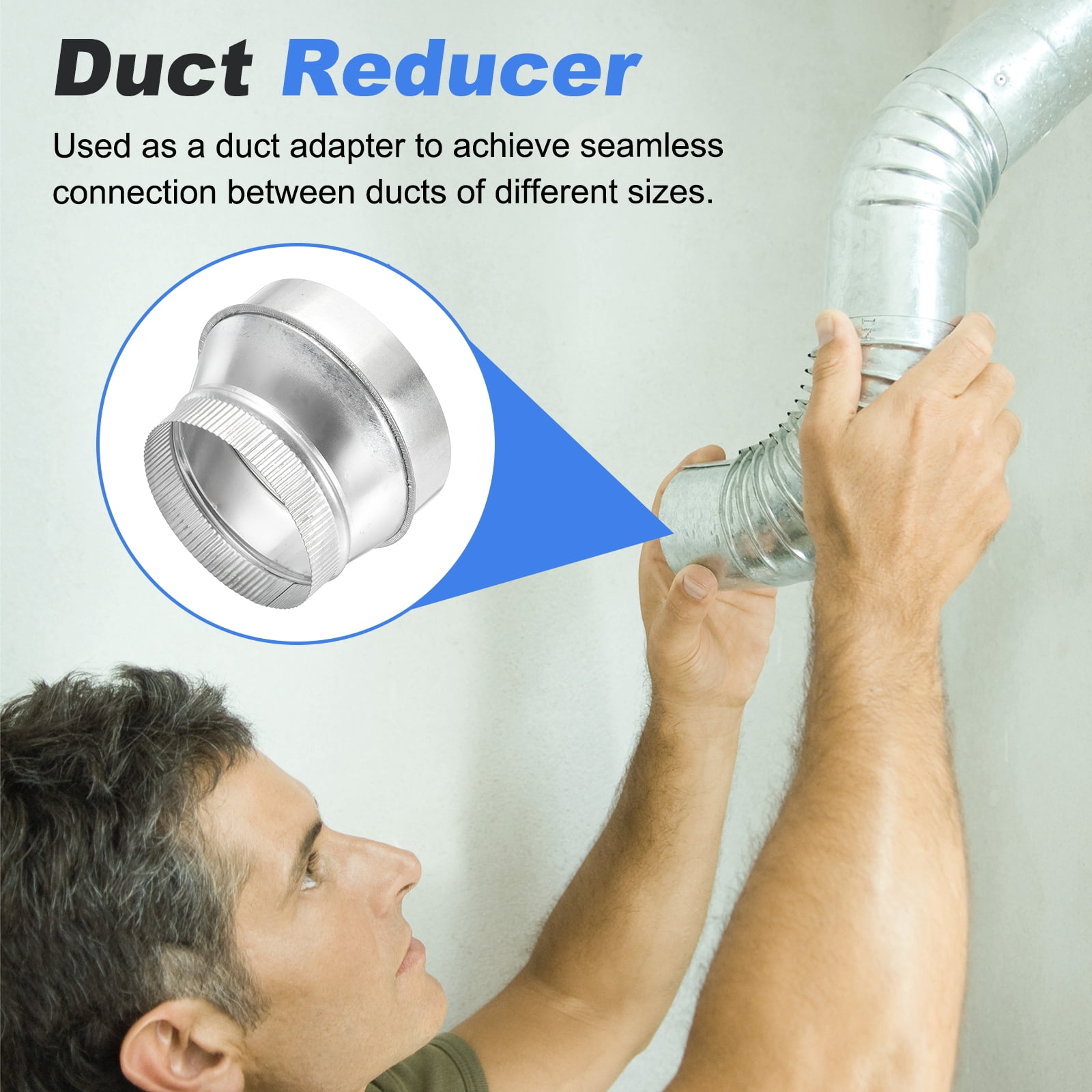 Uxcell Eccentric Duct Reducer (7" to 6" ) - Galvanized Steel Crimped End Ducting Connector Increaser Round Air Duct Adapter Pipe Vent Inline Fitting for HVAC Ventilation System, Silver