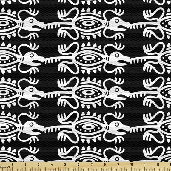 Ethnic Fabric by the Yard Upholstery, Illustration of Hand Drawn Cultural Reptile Silhouettes Folk Inspired, Decorative Fabric for DIY and Home Accents, Dark Grey White by Ambesonne
