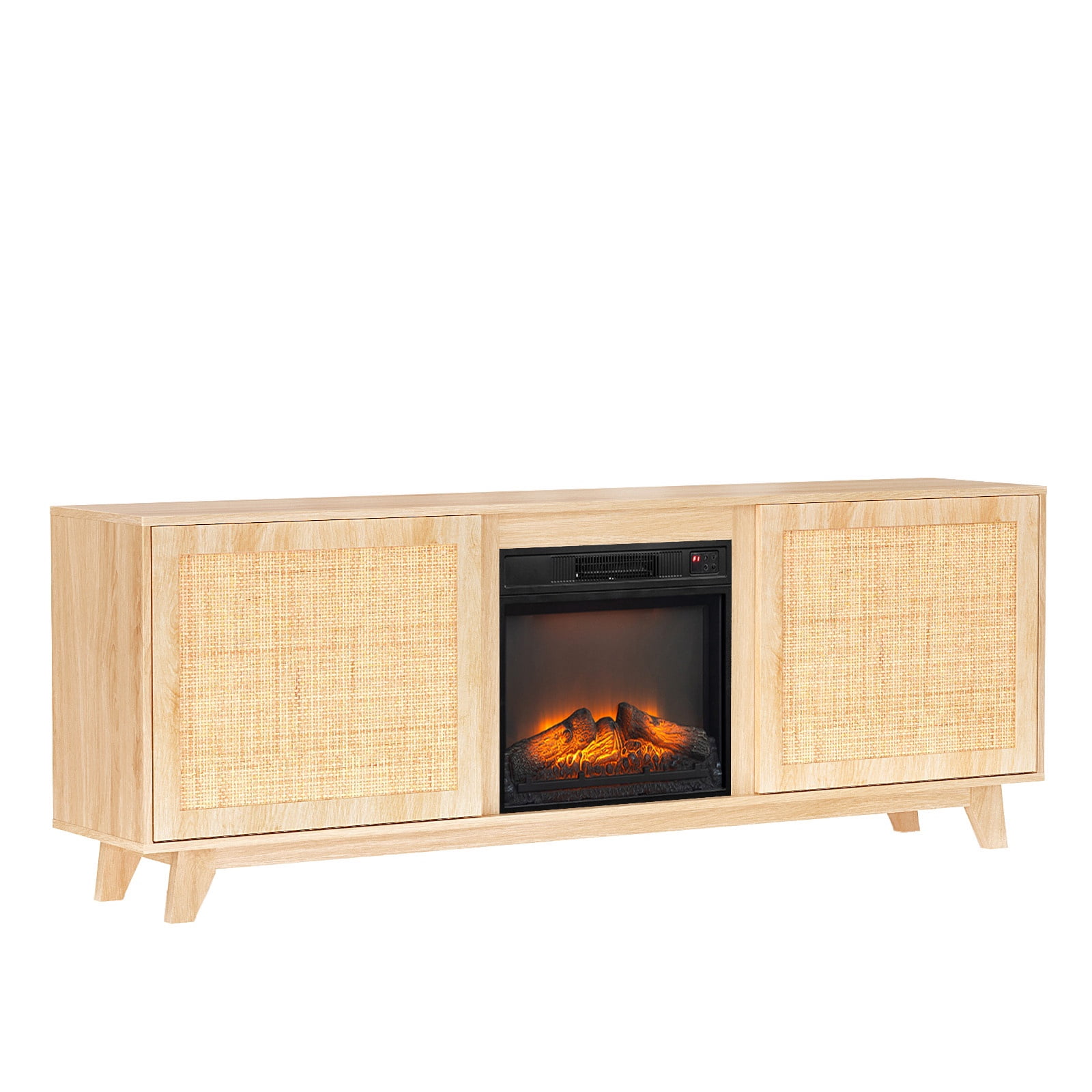 Paproos Fireplace TV Stand for TVs up to 80", 70’’ Modern Rattan TV Console with 19" Electric Fireplace, Entertainment Center with Rattan Doors, Media Console Table for Living Room, Oak