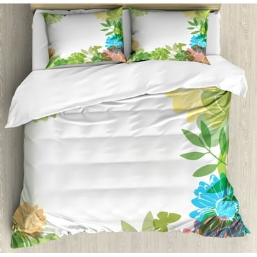 Green Flower Duvet Cover Set King Size, Floral Pattern Wildflowers Leaves and Butterflies Nature Inspired Illustration, Decorative 3 Piece Bedding Set with 2 Pillow Shams, Multicolor, by Ambesonne