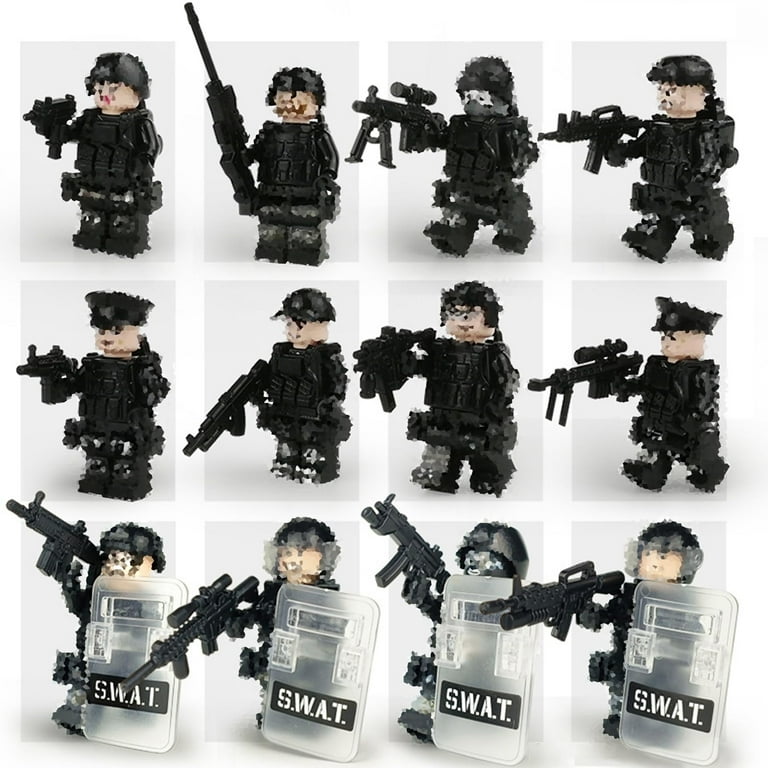 12 SWAT Figures Team with Military Gear Building Blocks Set Special Force Base Compatible with Lego 853792 Accessory SCP Soldiers Car Vehicle