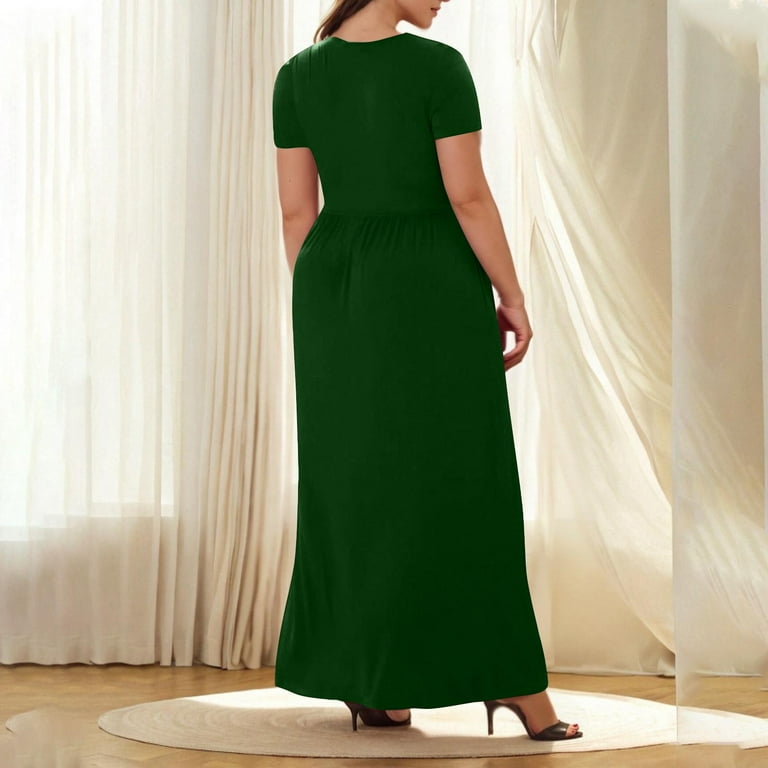 UVEASISHA Plus Size Maxi Dress for Women Short Sleeve Solid V Neck Long  Dress High Waisted Pleated A Line Dresses with Pockets Army Green L -  Walmart.com