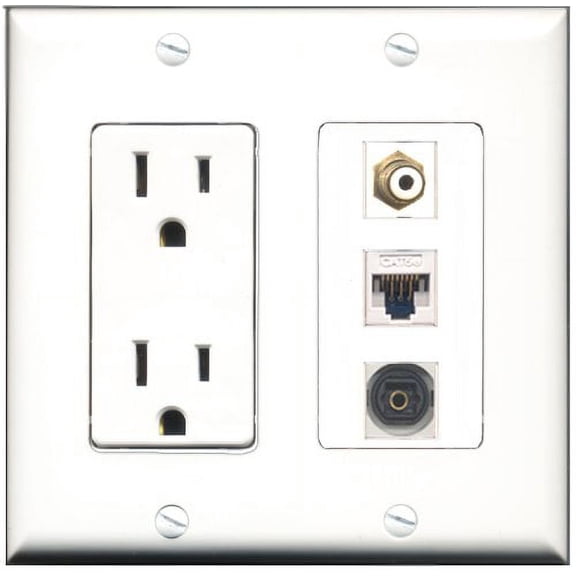 RiteAV - 15 Amp Power Outlet 1 Port RCA White 1 Port Toslink 1 Port Cat5e Ethernet White Decorative Wall Plate