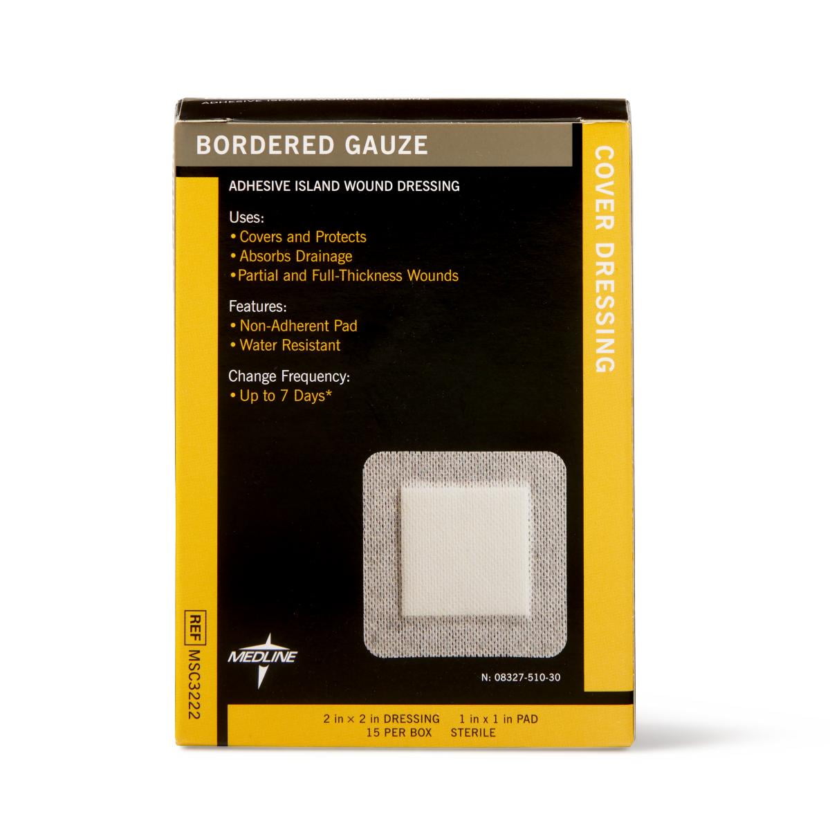 Medline Bordered Gauze, Adhesive Island Wound Dressing, Sterile, 2"x2", 15 Count