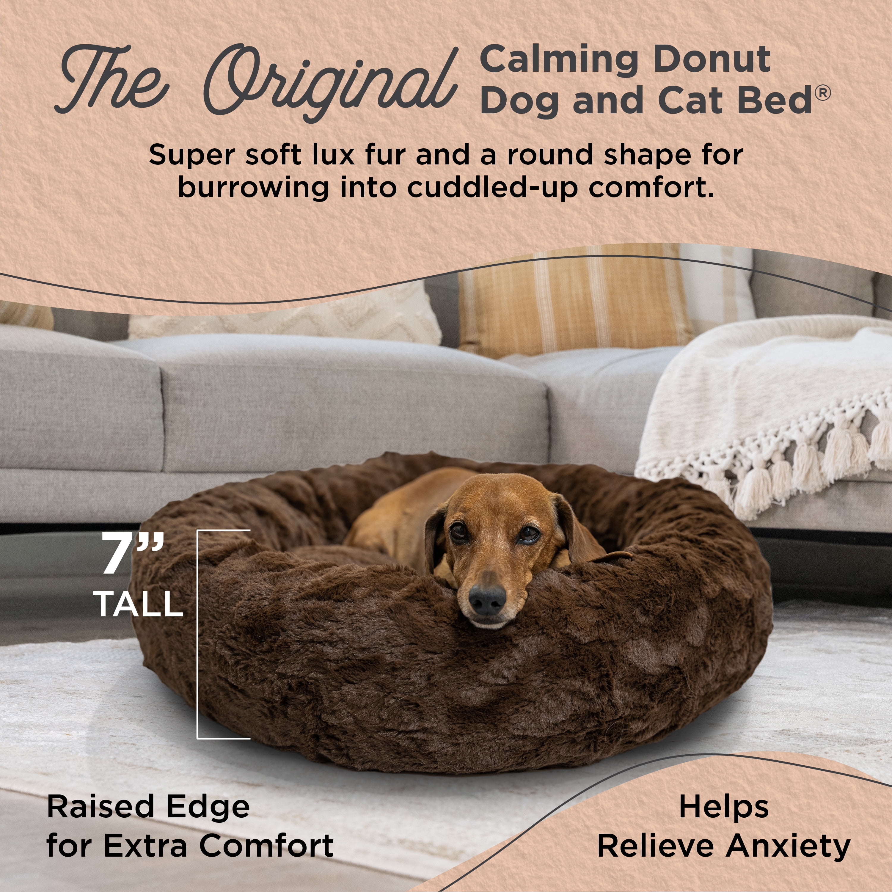 Best Friends by Sheri Original Calming Donut Dog and Cat Bed, Lux Faux Fur, Dark Brown, (23in x 23in) - Anxiety Relief for Pets Up to 25 lbs