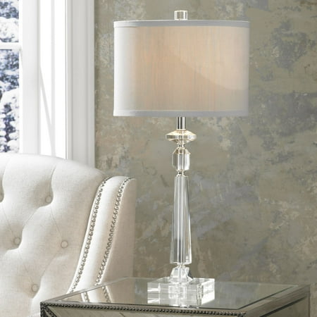 Cool Nightstand Lamps Vienna Full Spectrum Modern Table Lamp Crystal Column Luxe Gray Drum Shade for Living Room Family Bedroom Bedside Nightstand ()