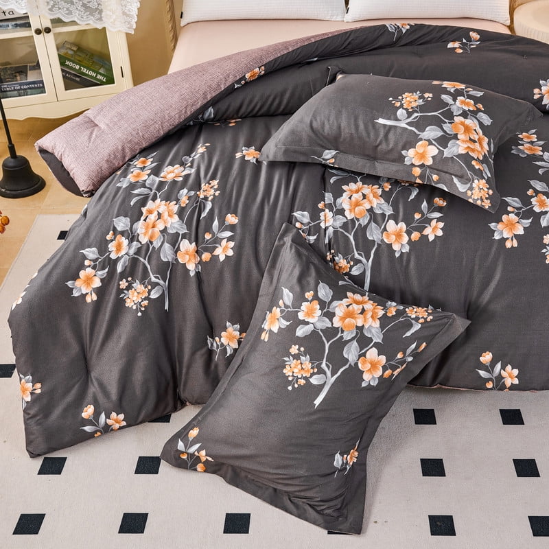 Koniroom 3Pcs Dark Grey Floral Comforter Set Queen Size – Reversible Blossom Bedding with Orange Flower Blooms, Modern Glam