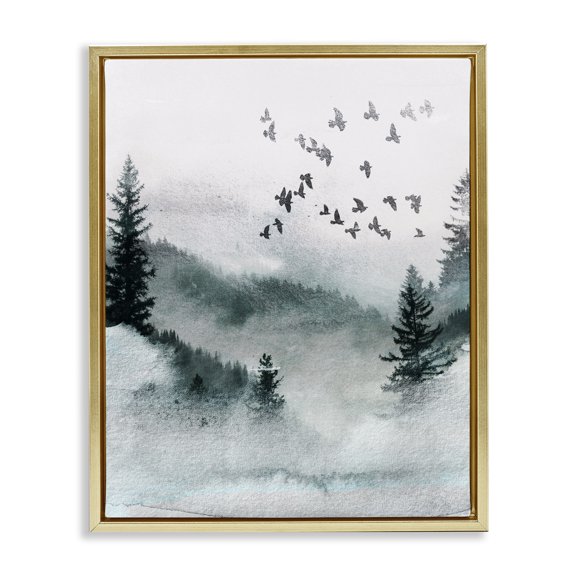 Stupell Industries Contemporary Birds Flying Woodland Trees Gold Floating Frame Canvas Art, 17 x 21, by LSR Design Studio