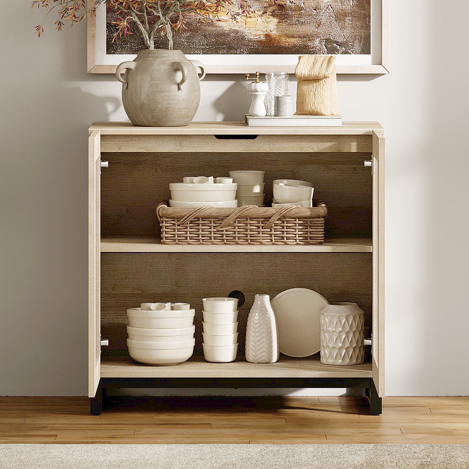 Modern Sideboard Buffet Cabinet with Glass Doors and Adjustable Shelf Coffee Bar Storage Cabinet for Living Room Kitchen,Beige