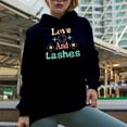 thumbnail image 2 of Love and Lashes Text with Pastel Colors, Beauty Themed Merch Gift for Makeup Artist or Lovers, Cosmetologists & Beauticians, Navy Blue Hooded Sweatshirt or Hoodie, X-Large, 2 of 5