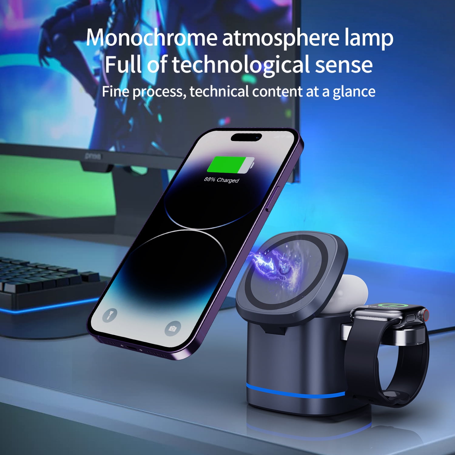 H28 3-in-1 Magnetic Foldable Wireless Charging Station with RGB Light, Strong N52 Magnet 15W Fast Charger for iPhone 17 16 15 14 13 12, Apple Watch, AirPods - Gray