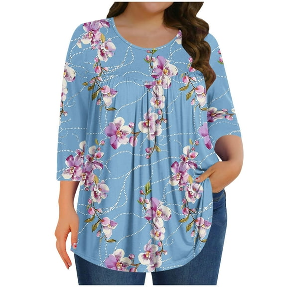 successthop Boho Blouses for Women Plus Size 3/4 Sleeve Tunic Top Crewneck Curved Hem Shirt Print Tee Shirts Loungewear