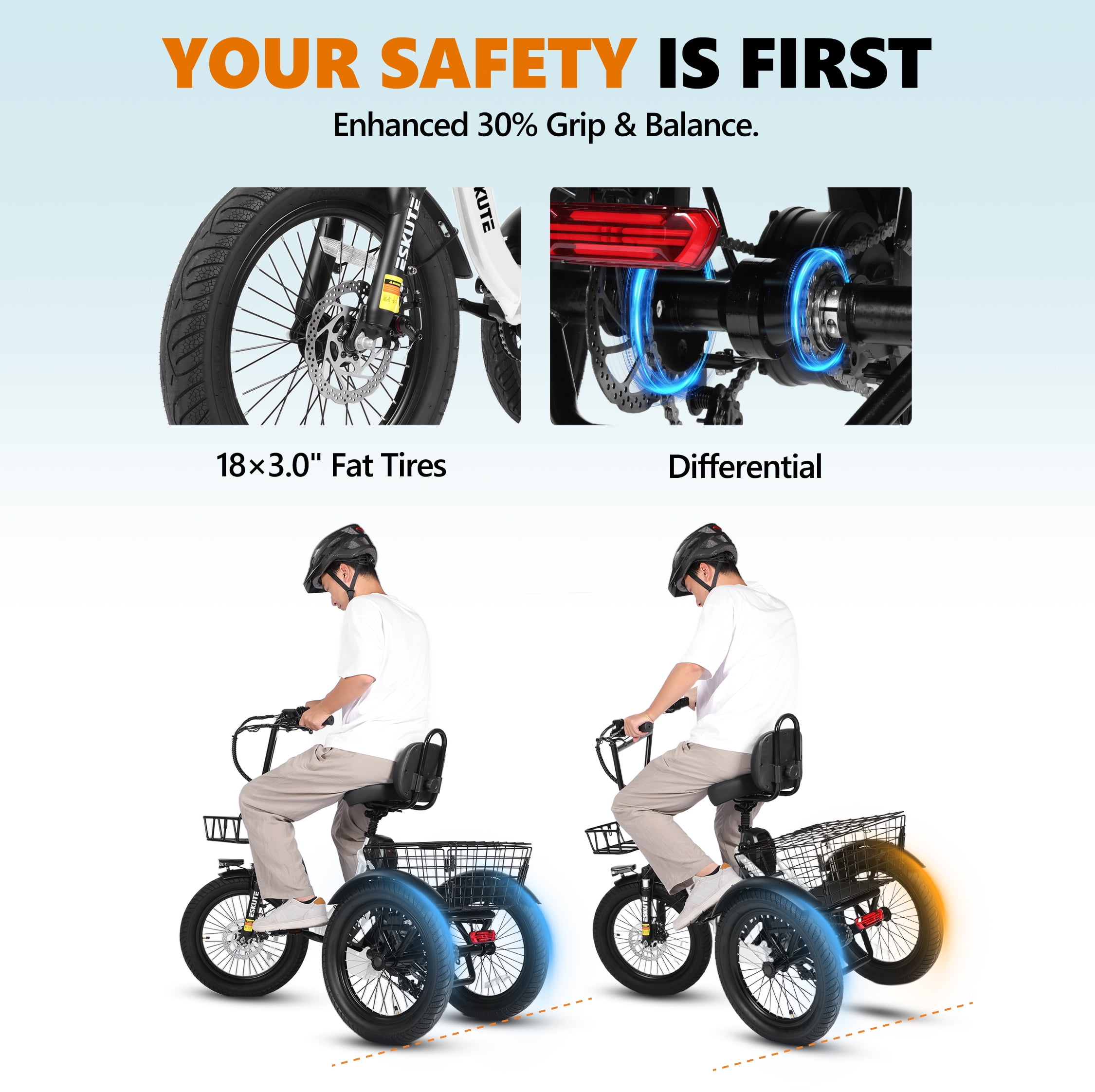 ESKUTE White E Trike Electric Bike, Peak 1200W Brushless Motor Folding Trike 18X3.0 Fat Tire Ebike, 499Wh Removable Battery, Step-Thru 3 Wheel Electric Bicycle, 48V 13AH 18MPH+ Tricycle for Adults