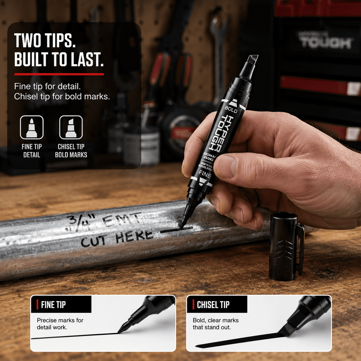 Hyper Tough 2-Pack Dual-Tip Permanent Markers, Black, Fine and Chisel Tip