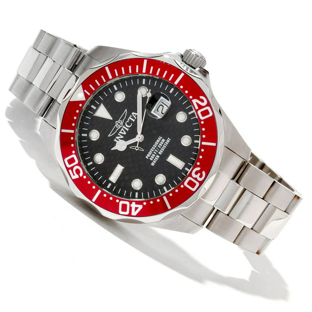 Invicta Men's 12565 Grand Diver Black Carbon Fiber Dial Red Bezel Stainless  Steel Bracelet Dive Watch