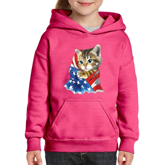 IWPF - Big Girls Hoodies and Sweatshirts - American Flag 4th of July Kitty