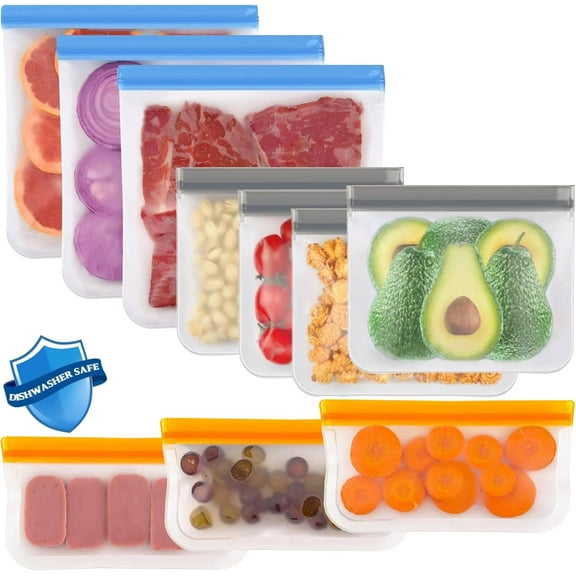 Reusable Ziplock Bag for Food Storage Fridge Organiser 10 Pack Extra Thick Eco-Friendly Leakproof Freezer Bags,Home Kitchen Organisation Tools & Gadgets(Blue*3,Gray*4,Orange*3)