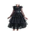 thumbnail image 1 of Vestido de Niña Negro de Encaje de Manga Larga con Organza, Volantes y Lunares, Cinturón, 7 Años, 1 of 1