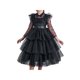 thumbnail image 1 of Vestido de Niña Negro de Encaje de Manga Larga con Organza, Volantes y Lunares, Cinturón, 8 Años, 1 of 1