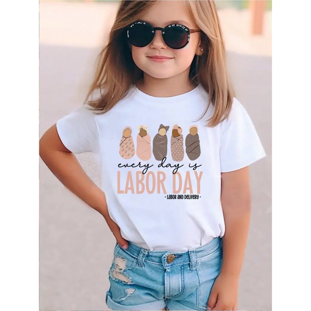 Labour quot; Spring Edition Girls' Cute Cartoon Fun Letter T-Shirt - Casual Crew Neck Short Sleeve Knit Top with "EVERY IS A LABOR quot; Print, Perfect Gift for Holidays and Special Occasions