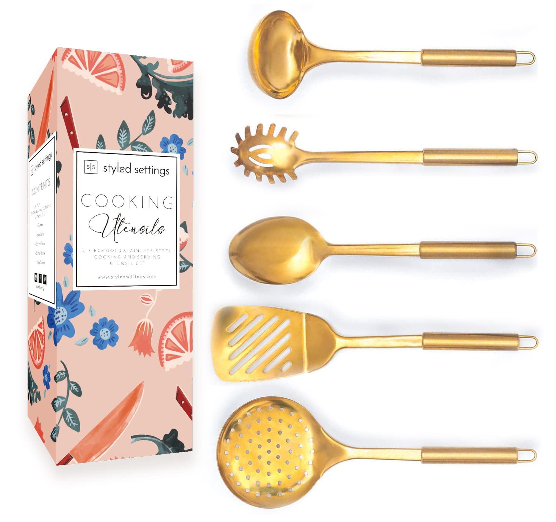 Kitchen Cooking Utensils Gold Metal Slotted Spaghetti Spoon Turner Masher Ladle 