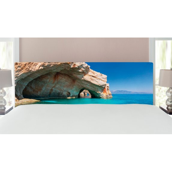 Greece Headboard, Sea Cave on Zakynthos Island Greece Vacation Relaxing Seascape Coastline Picture, Upholstered Decorative Metal Bed Headboard with Memory Foam, King Size, Tan Pale Blue, by Ambesonne