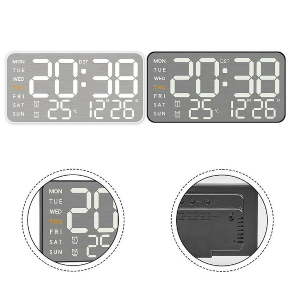Reloj LED completo con brillo ajustable y acabado cepillo metálico de diseño elegante.
