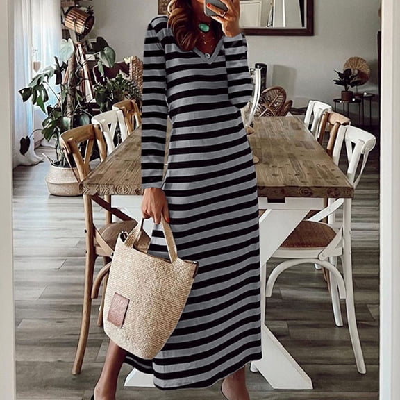 Conairie Flowy Dress for Women Stripes Print Crew Neck Loose Elegant Long Sleeve Dress Lightweight Spring Fall formal Dresses Black M