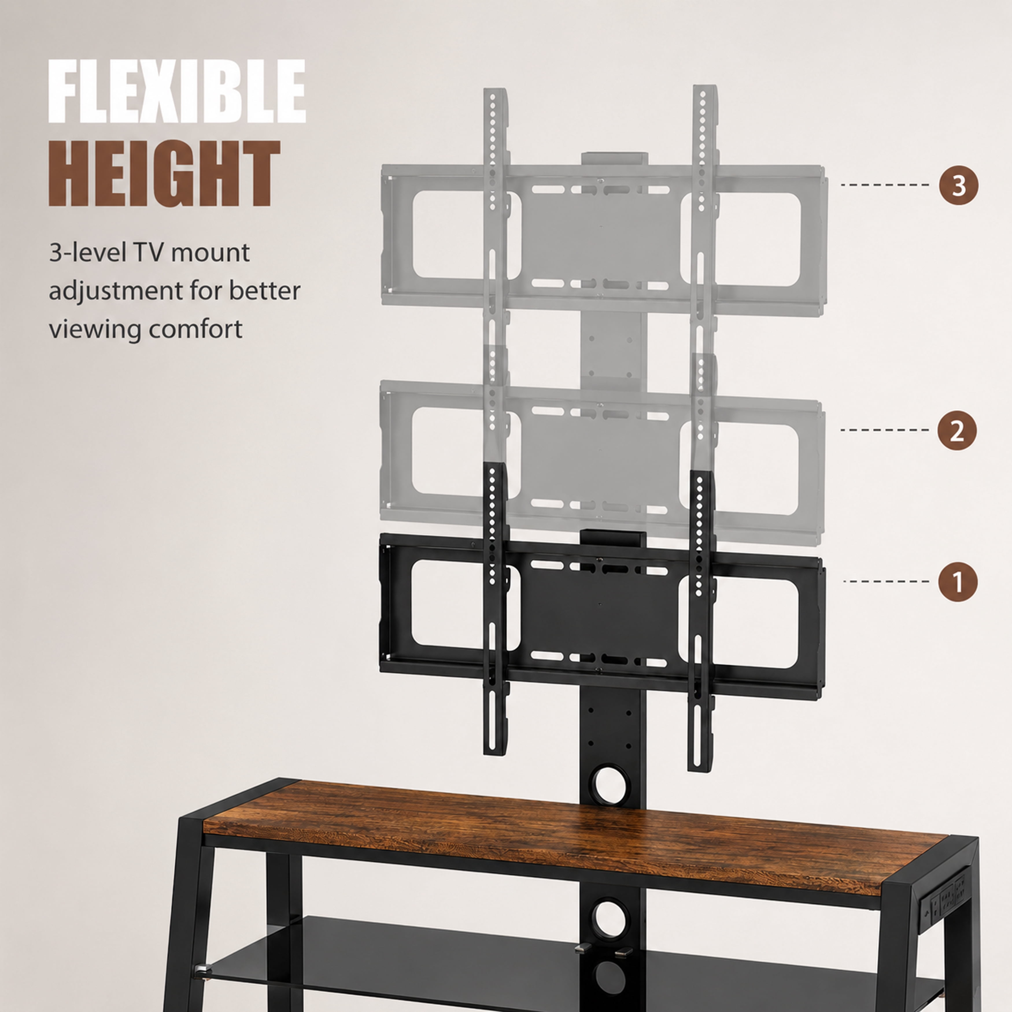 Wooden TV Stand with Swivel Mount, Height Adjustable Universal TV Floor Stand for 32-65 Inch TVs, 3-Tier Tempered Glass Entertainment Center with Power Outlet, Wire Management
