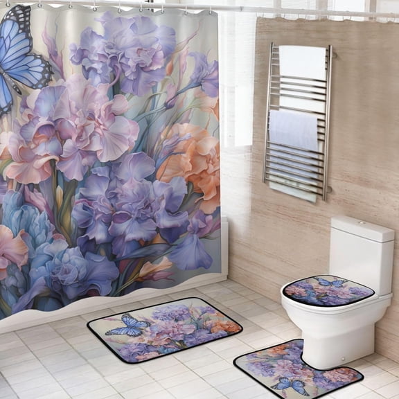 Shower Curtain Set 4 Piece for Bathroom Decoration, Flower Peony Butterfly Bathroom Sets with 1 Fabric Shower Curtain and 3 Non-Slip Bathroom Rugs Accessories with Hooks