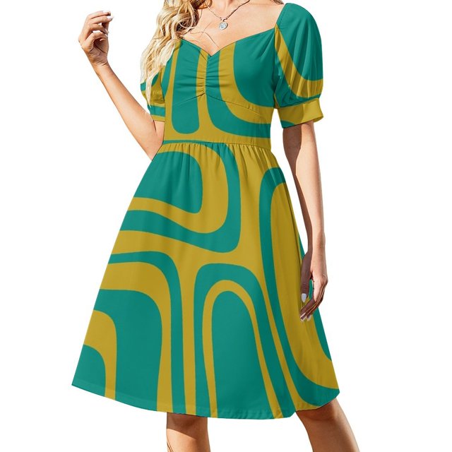 Palm Springs Robe Sans Manches Rétro Moderne Mi-Siècle Motif Abstrait Turquoise Turquoise et Moutarde
