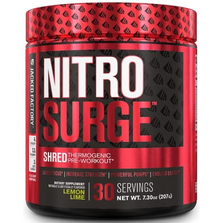 NITROSURGE Shred Pre Workout Supplement - Energy Booster, Instant Strength Gains, Sharp Focus, Powerful Pumps - Nitric Oxide Booster & PreWorkout Powder - 30Sv, Lemon Lime