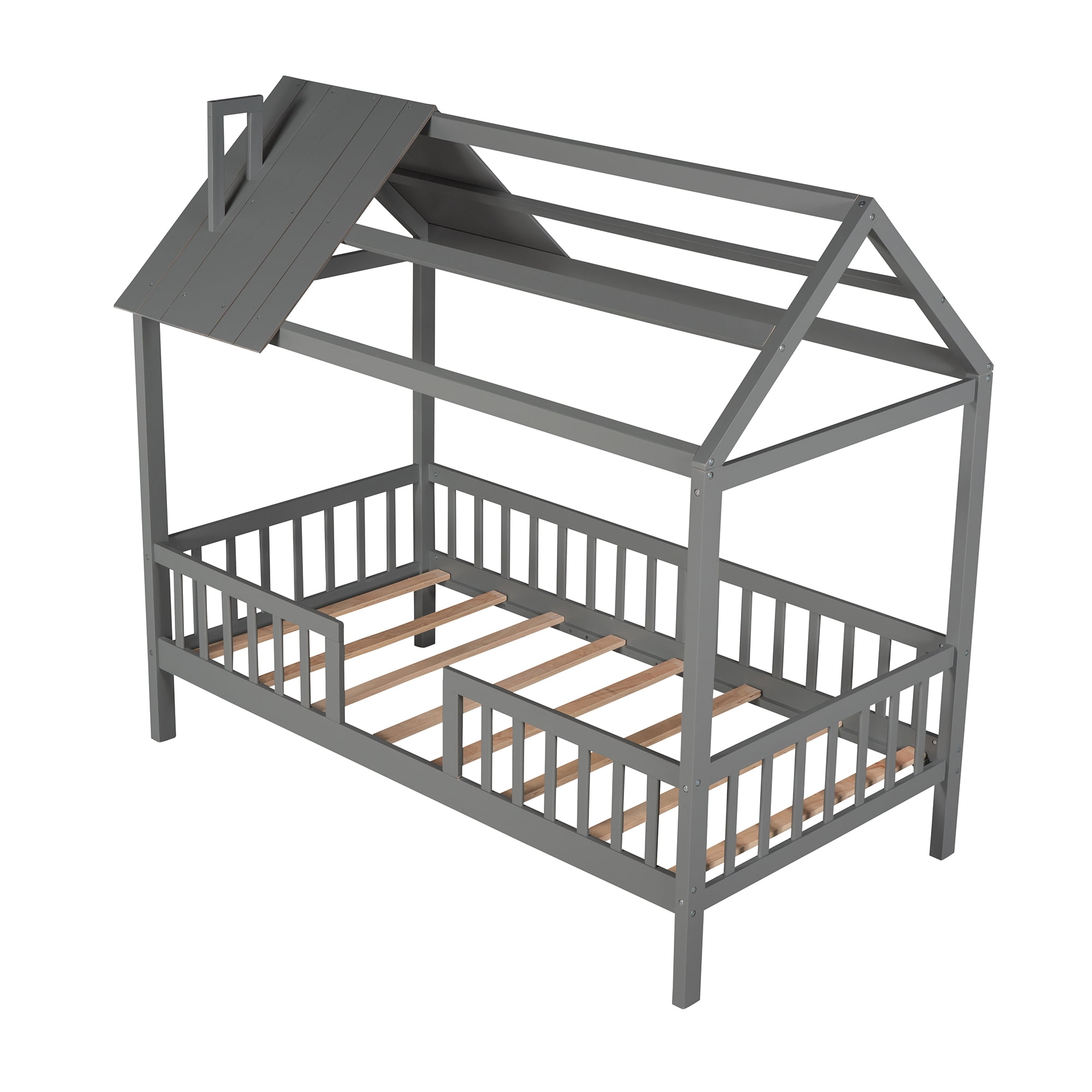 Aukfa Twin House Bed with Fence and Roof, Wood Montessori Bed for Kids, Teens - Gray
