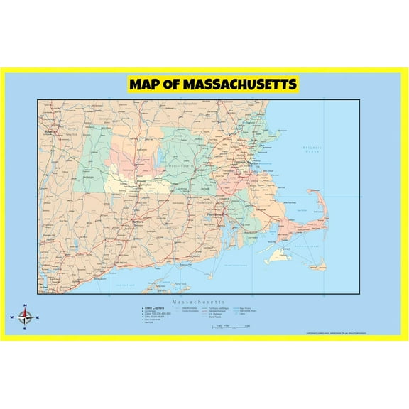 Massachusetts Map Poster - Laminated Wall Map - Style C - 18x24 - Ideal for Classrooms and Homes – Features Bright Colors and Vivid Imagery