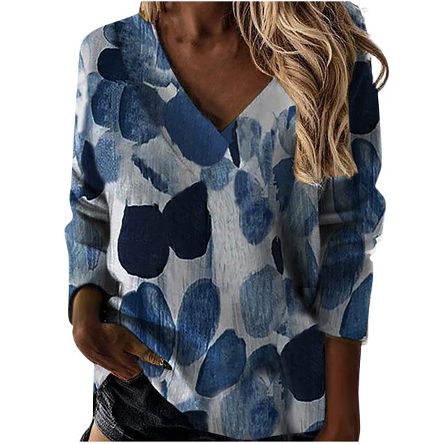Camiseta de manga larga para mujer, informal, de talla grande, con retazos de leopardo y cuello en V Fridja fhghd2515