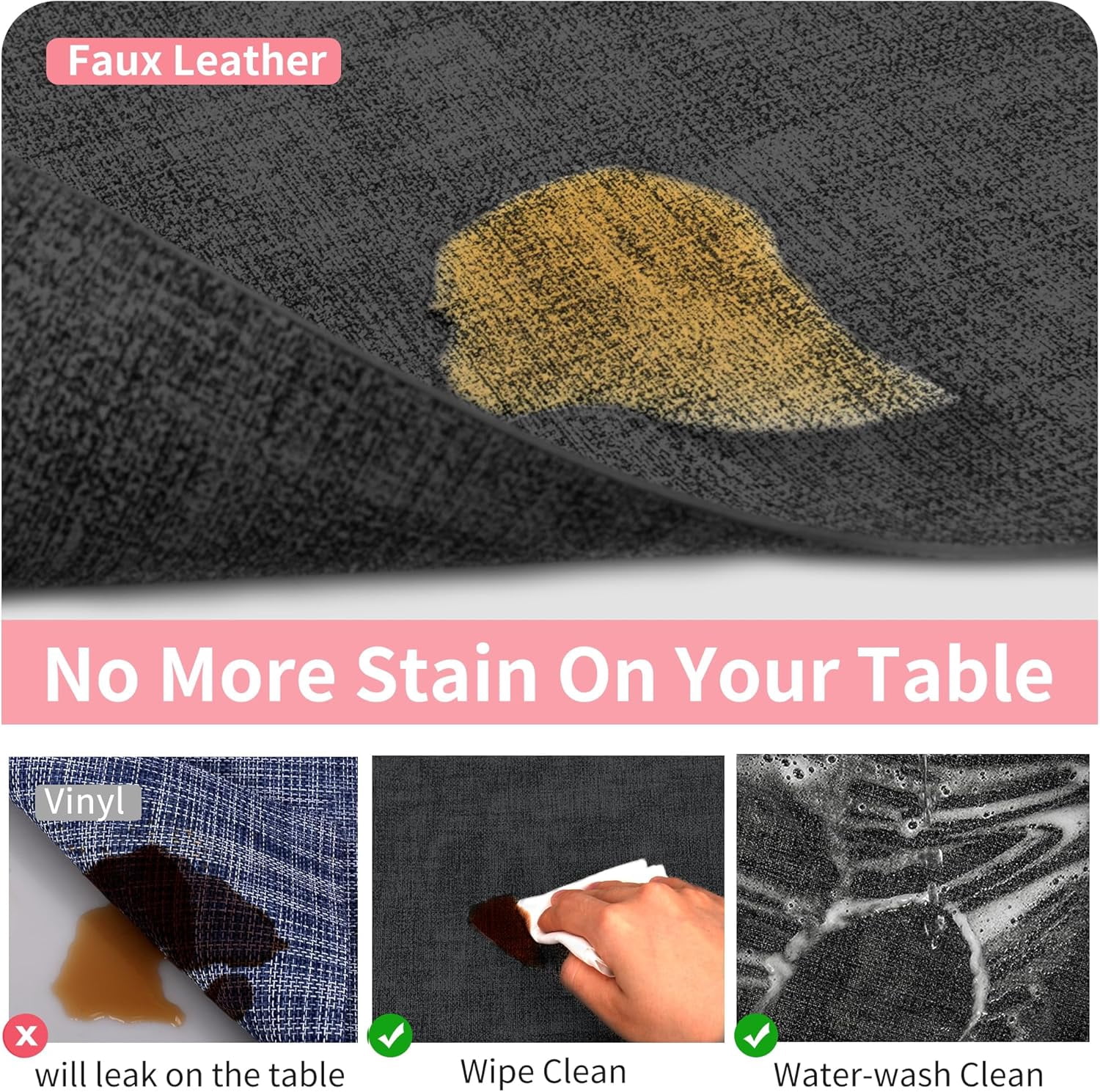 Lifestance Faux Leather Placemats Set of 6, Waterproof Heat Resistant Non Slip Dining Table Mats, 17x12 inch Rectangle Black, Indoor Outdoor Use