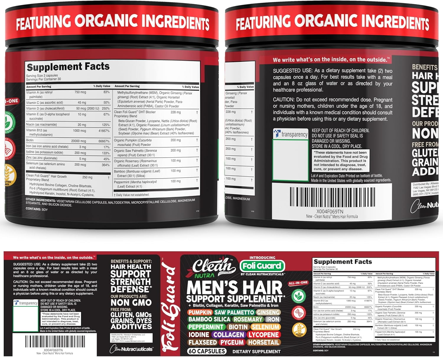 Hair Growth Supplement For Men | Biotin Hair Vitamins Collagen Pumpkin Seed Saw Palmetto Iron Ginseng Bamboo Silica Rosemary Peppermint Keratin Selenium Iodine Flaxseed Horsetail Vitamin A C D3 E B12
