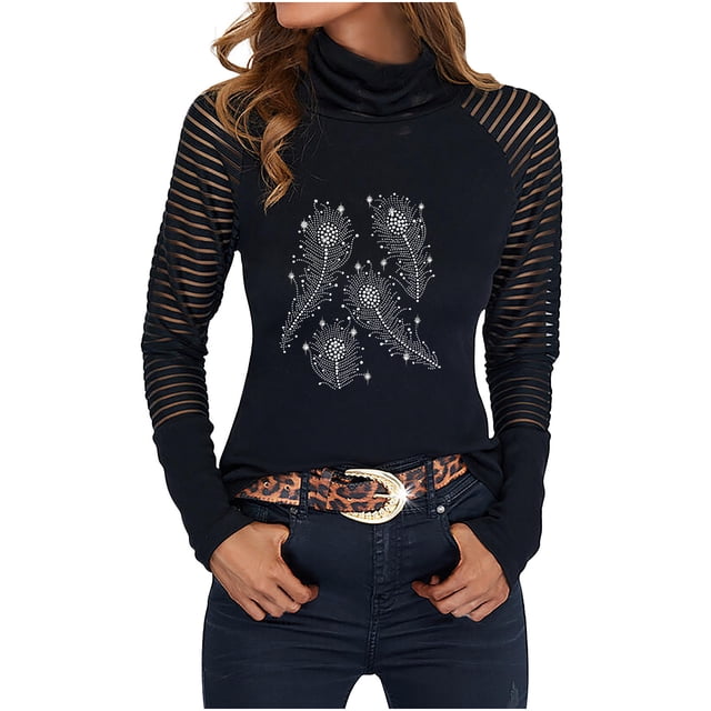 Moda mujer cuello alto ahueca hacia fuera la camiseta de manga larga otoño blusa sólida Tops Fridja hkj3922
