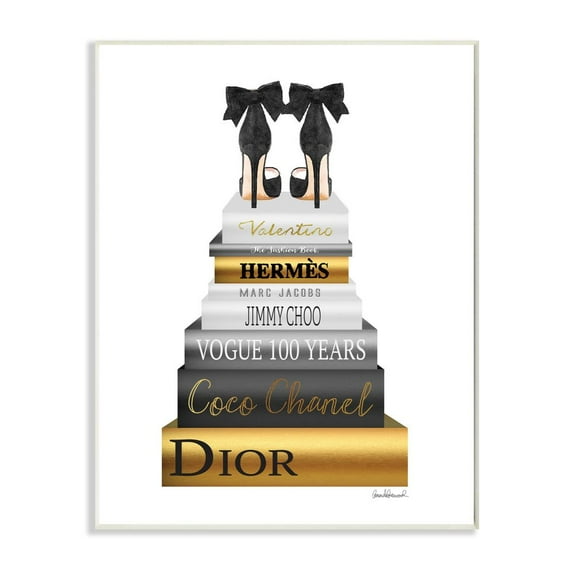 Stupell Industries Fashion Designer Shoes Bookstack Black Gold Watercolor Wall Plaque by Amanda Greenwood