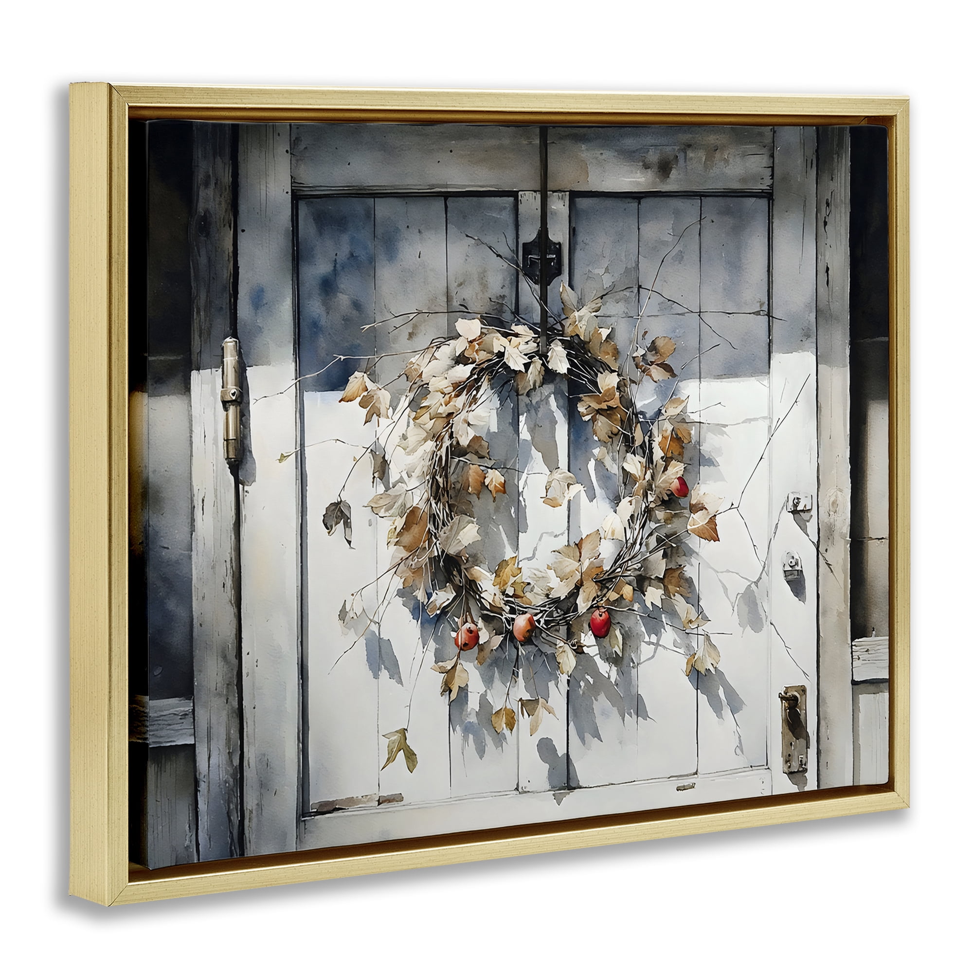 Stupell Industries Rustic Wreath on White Door Gold Framed Floater Canvas Wall Art, design by Franklyn Gregory