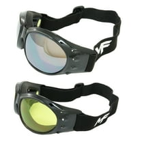 MF Eyewear Vulcan Padded Motorcycle Goggles 2 Pair Black Frame Yellow & Driving Mirror Lenses